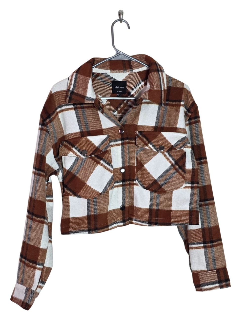 Love Tree Cropped Plaid Shacket Jacket Brown Tan Cream Size M